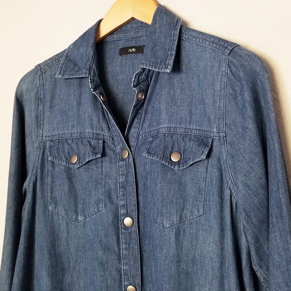 Ruti Chambray Denim Shirt Dress Hemp Organic Cotton Snap Button Frayed Hem Blue - Picture 2 of 16
